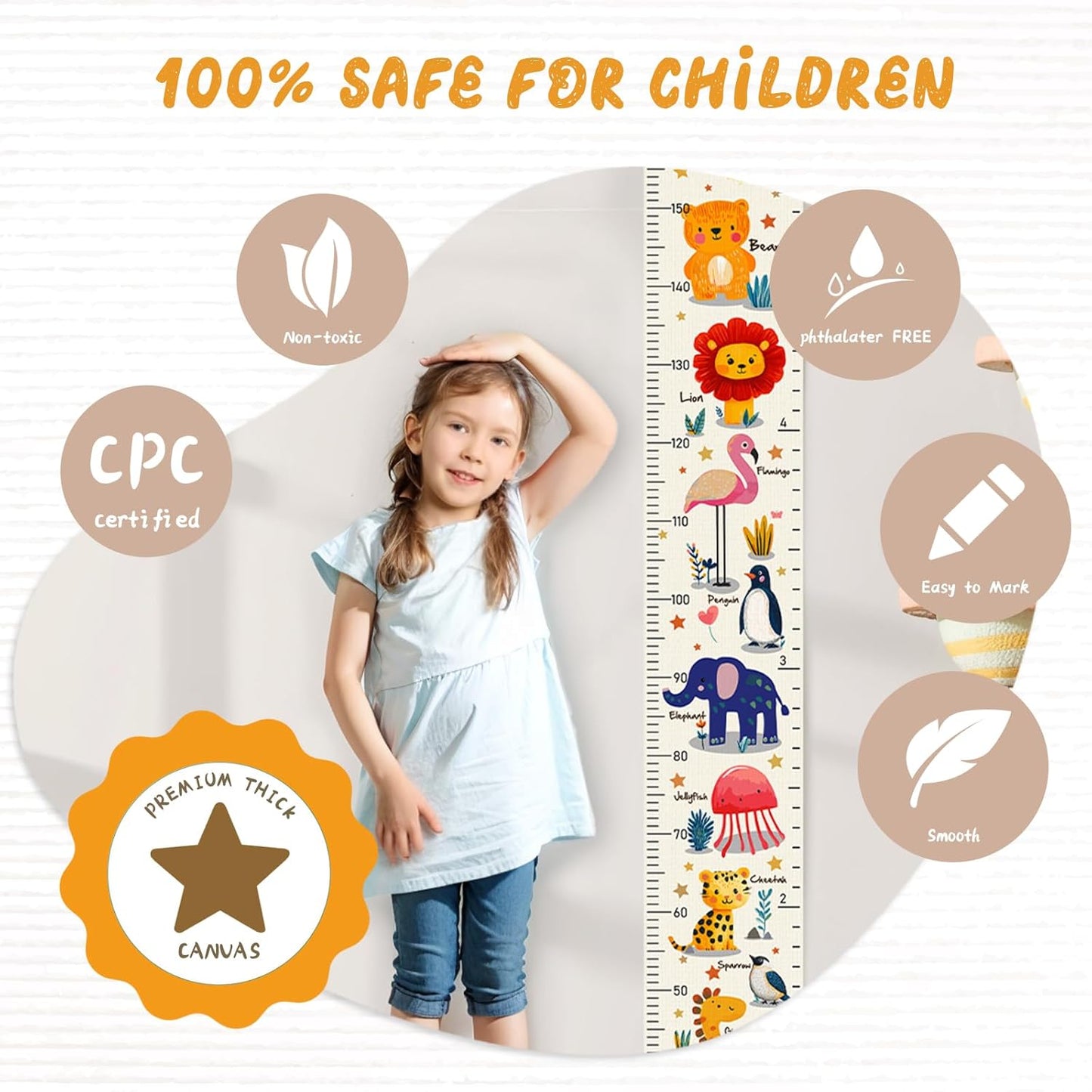 Personalized Name Kids Growth Chart, Watercolor Animal Canvas Height Measurement Ruler for Baby, Kids Height Wall Chart for Child's Room Decoration, Waterproof Measuring Wall Ruler