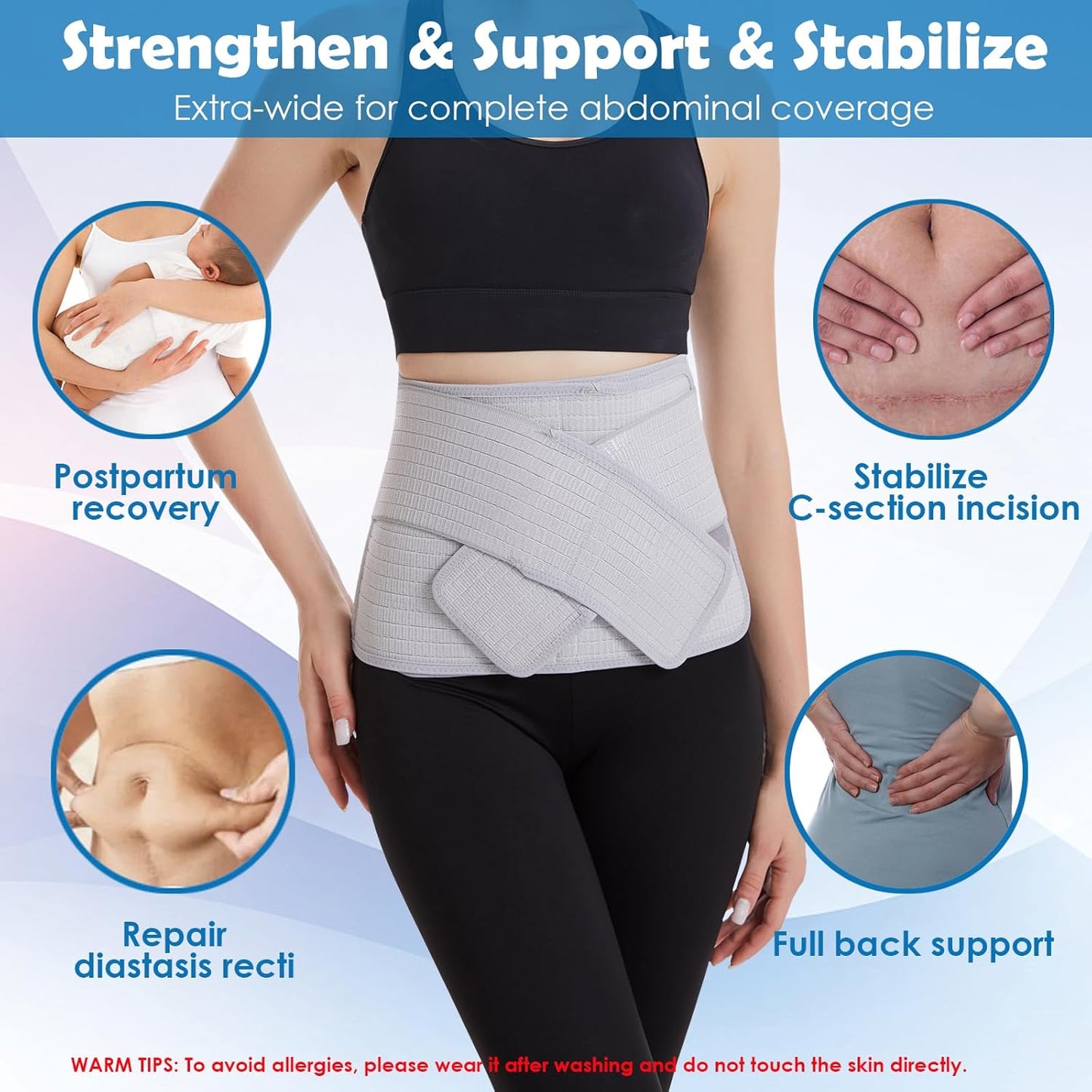 Paskyee Postpartum Belly Band, Abdominal Binder Post Surgery Belly Wrap, C Section Recovery Must Haves, Girdle for Postnatal Care, Waist/Pelvis Belt for Back Pain Relief Grey S/M