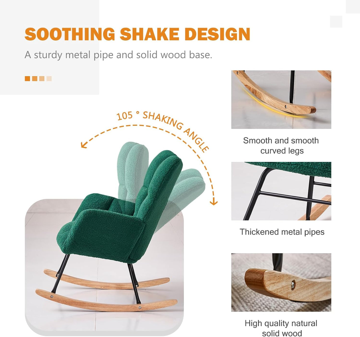 Kiztir Rocking Chair Nursery, High Backrest Teddy Glider Rocker Upholstered Rocker Recliner Modern Rocking Accent Chairs for Bedroom, Living Room, Offices (Green)