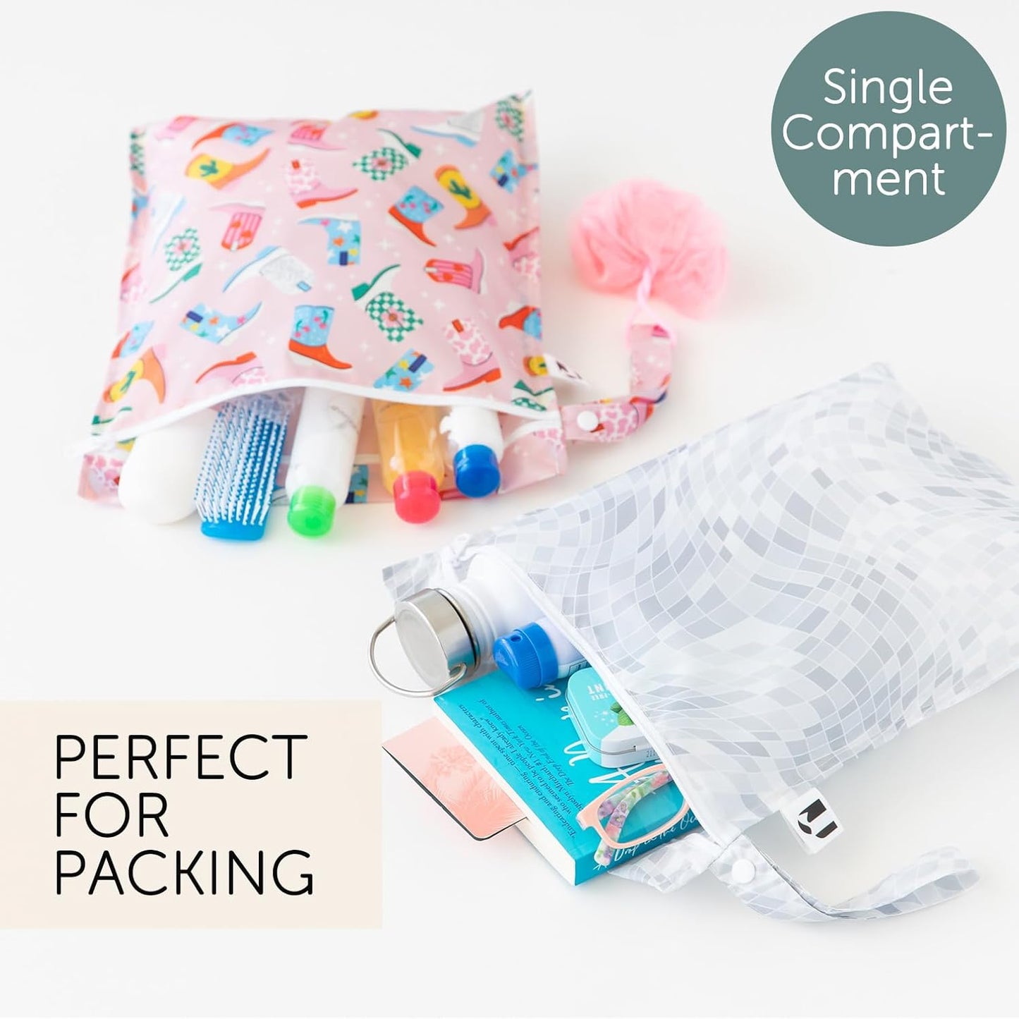 Bumkins Roamio - Waterproof Wet Bag - For Baby, Travel, Swim Suit, Cloth Diapers, Pump Parts, Pool, Gym, Toiletry, Strap to Stroller - Reusable & Easy to Clean - 2pk - Cowgirl Boots & Disco