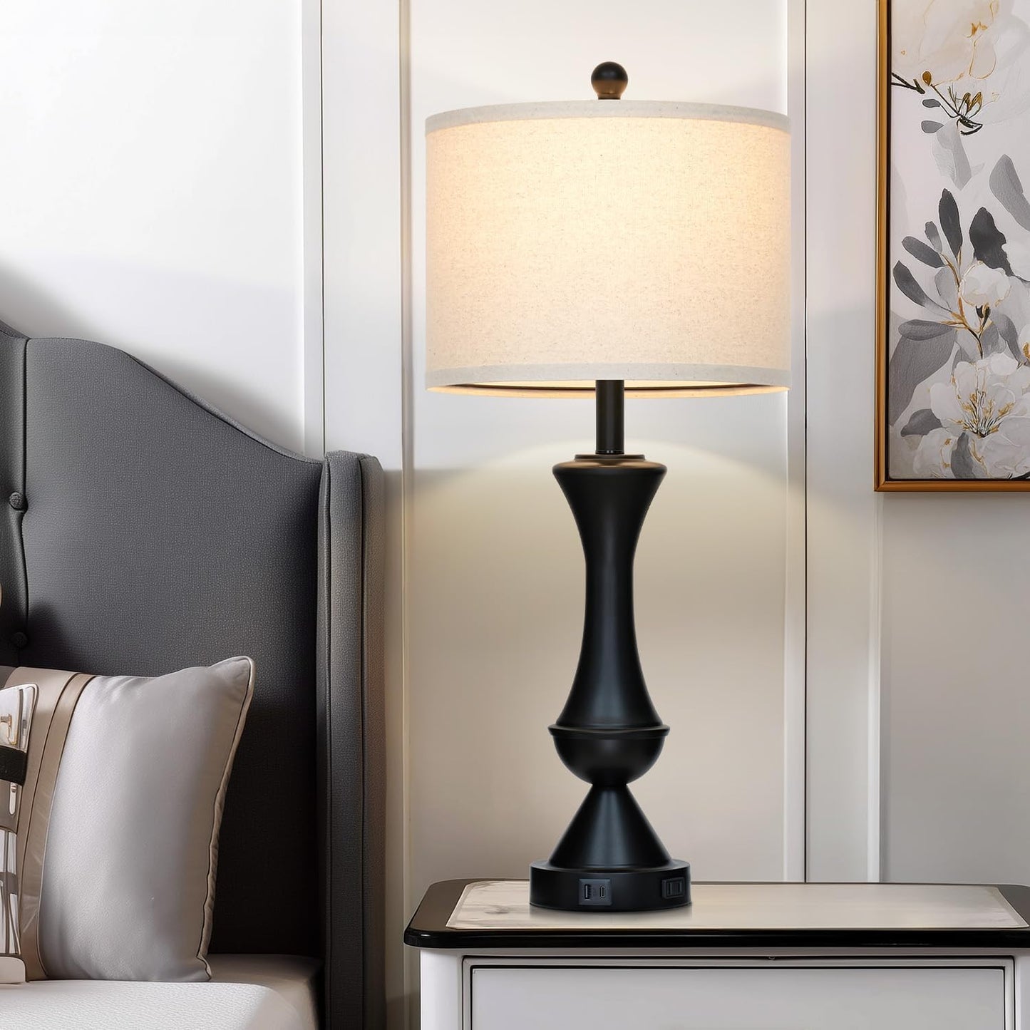 29" Black Tall Table Lamps for Living Room, Touch Control Bedroom Lamp with USB A+C Ports, 3-Way Dimmable Bedside Table Lamps Set of 2, Modern Metal Lamp for Nightstand