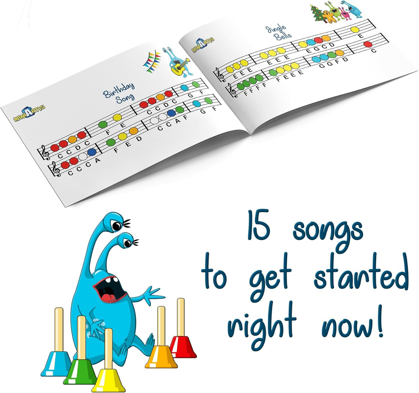 MINIARTIS Hand Bells for Kids | Educational Music Toys for Toddlers 8 Notes Colorful Handbells Set | Kids Musical Instrument with 15 Songbook | Great Birthday Gift for Children