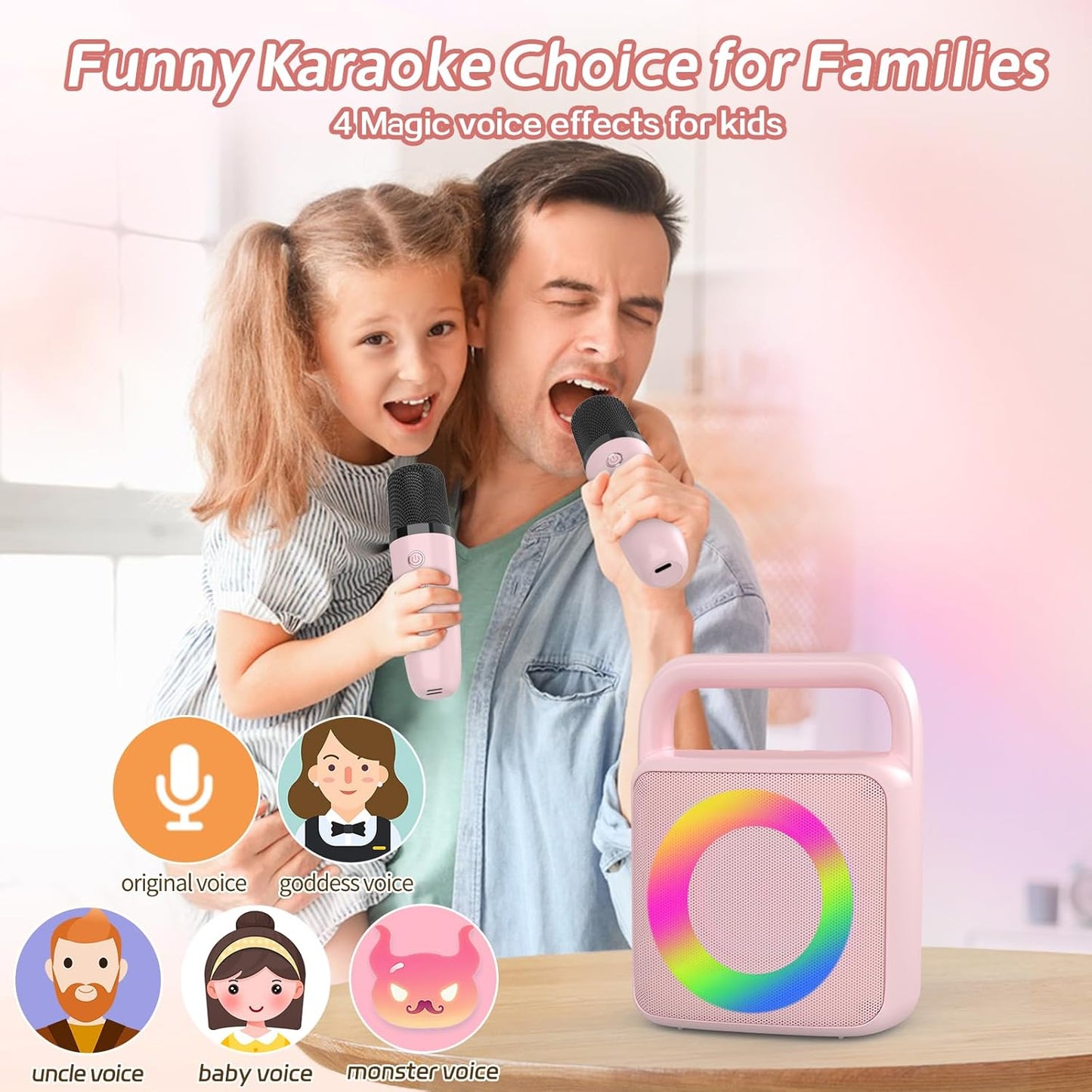 Karoke Machine with 2 Wireless Mics,Portable Karaoke Microphone Toys with Colorful Lights and Magic Voices for Camping Party, Birthday Gift for Boys Girls Teenages Adults