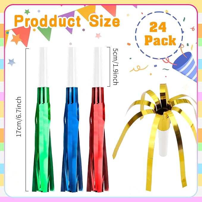 Noise Makers, 24 PCS Gold Noise Makers, Glitter Metallic Fringed Party Blowers Noisemakers Horns for Adults for 2025 New Year Eve Party Birthday Sporting Events Favor Supplies Decorations (Mixcolor)