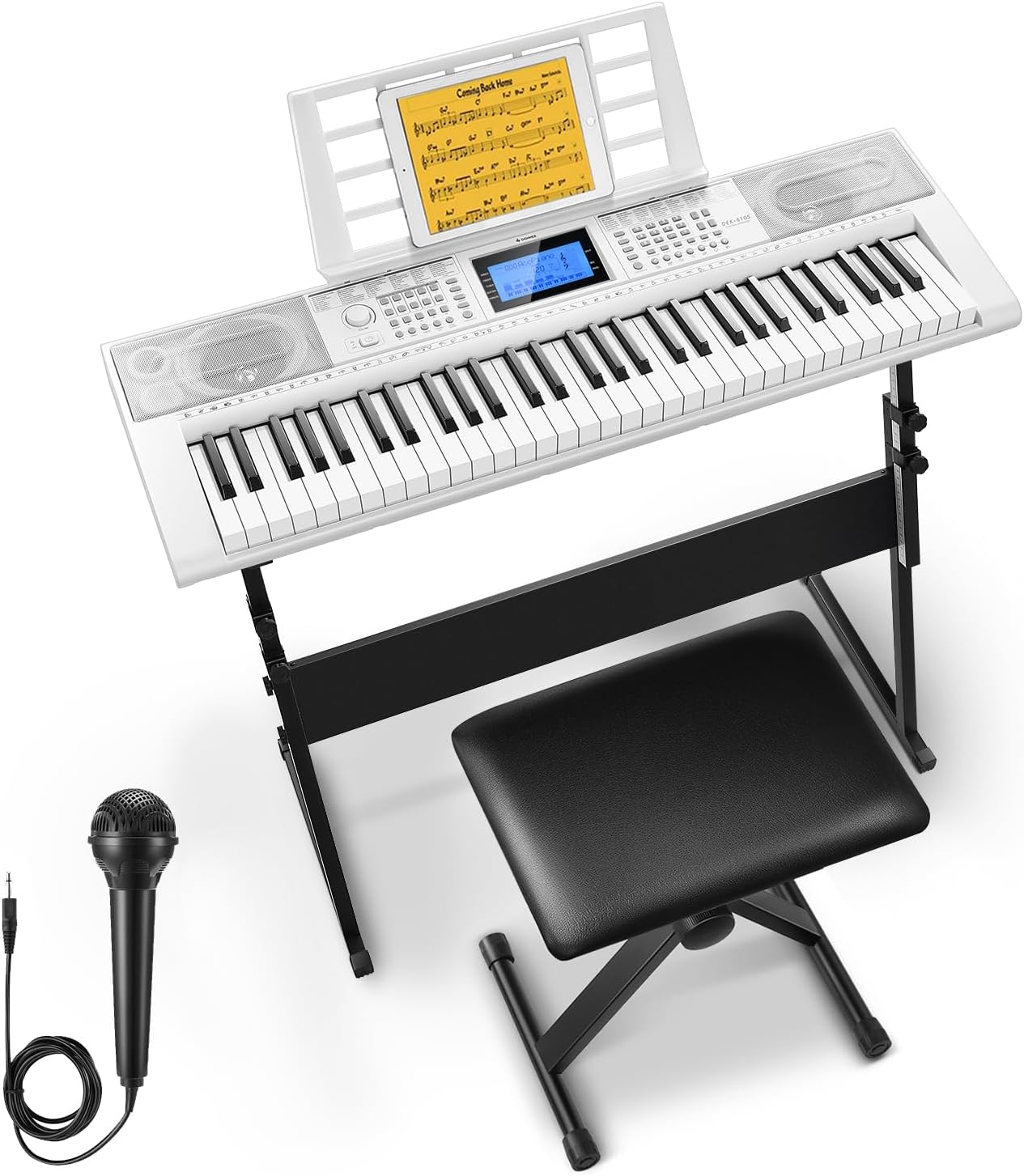 Donner Keyboard Piano 61 Key, Electric Keyboard Kit with 249 Voices, 249 Rhythms - Includes Piano Stand, Stool, Microphone, Gift for Beginners, White(DEK-610S)