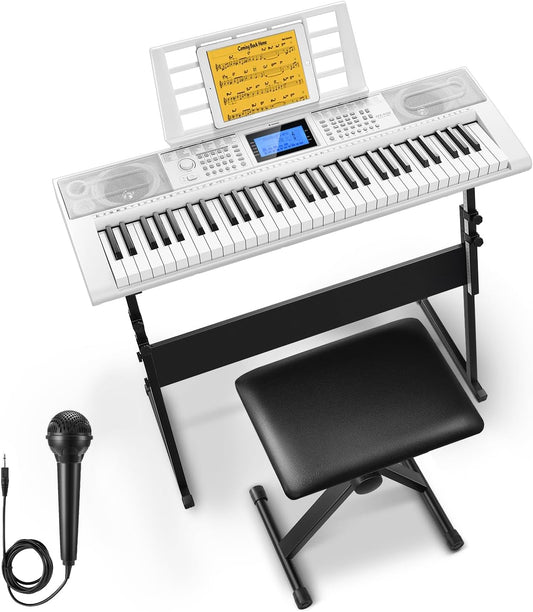 Donner Keyboard Piano 61 Key, Electric Keyboard Kit with 249 Voices, 249 Rhythms - Includes Piano Stand, Stool, Microphone, Gift for Beginners, White(DEK-610S)