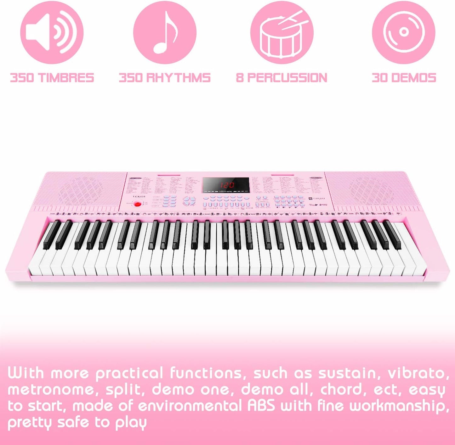 Vangoa VGK610 Piano Keyboard, 61 Mini Keys Portable Music Keyboard for Beginners with Microphone, 3 Teaching Modes, 350 Tones, 350 Rhythms, 30 Demos, Pink