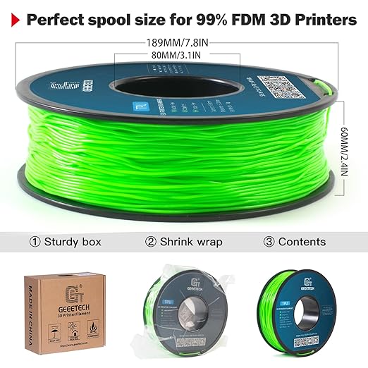 Geeetech TPU Filament 1.75mm – 95A Flexible 3D Printer Filament with High Elasticity, 1KG (2.2lbs) Spool, Dimensional Accuracy ±0.03mm, Fits Most FDM Printers, Green