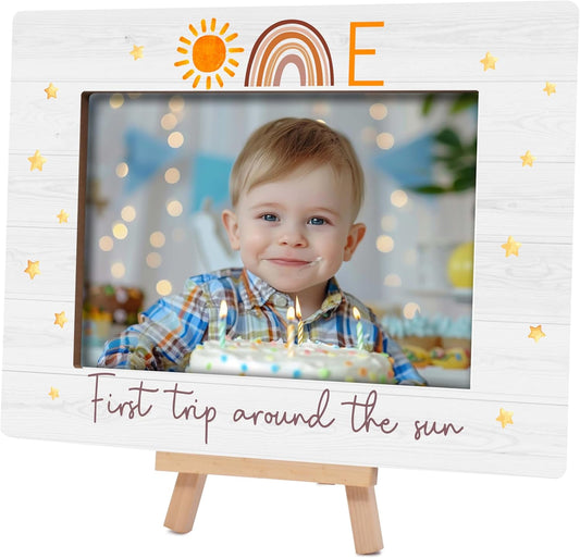 My 1st Birthday Picture Frames, Boho Rainbow Wooden 4x6 Photo Frame with Easel, Baby First Year Birthday Gifts for Home Office Tabletop Display Decorations - G07