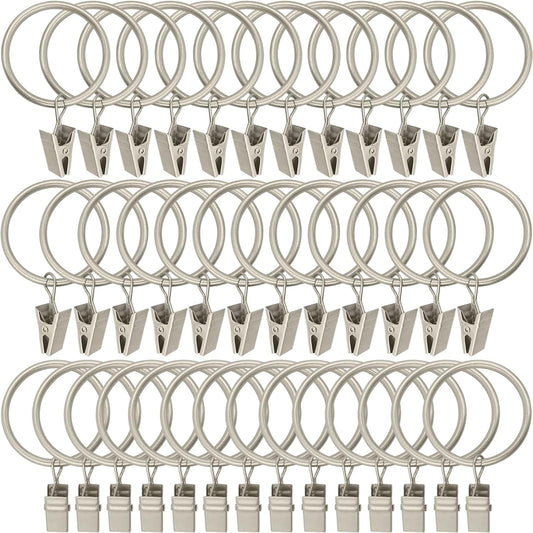 40 Pack Matte Silver Curtain Rings with Clips, Curtain Hooks Hangers Clip Rings for Hanging Drapes Bows Hat, Drapery Rings 1.5 in I D, Fits up to 1.2 in Diameter Curtain Rod.