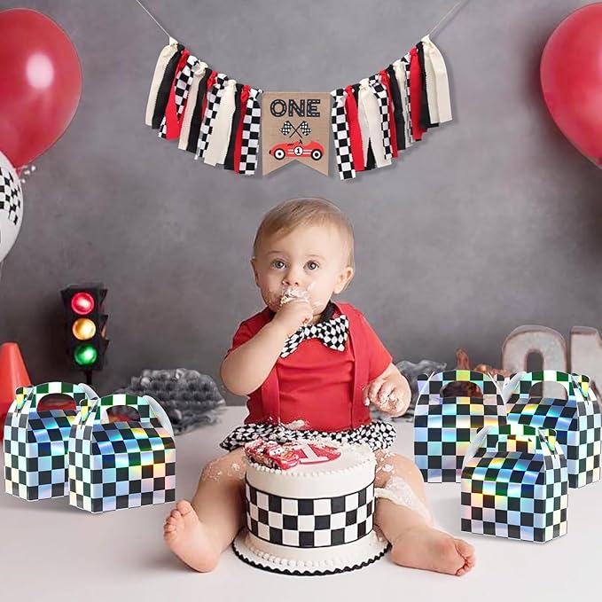 24 Pcs Iridescent Checkered Race Car Party Favor Gable Boxes, Paper Black and Iridescent Car Goodie Treat Boxes, Racecar Laser Plaid Gift Box for Kids Fast Race Cars Birthday Party Decorations