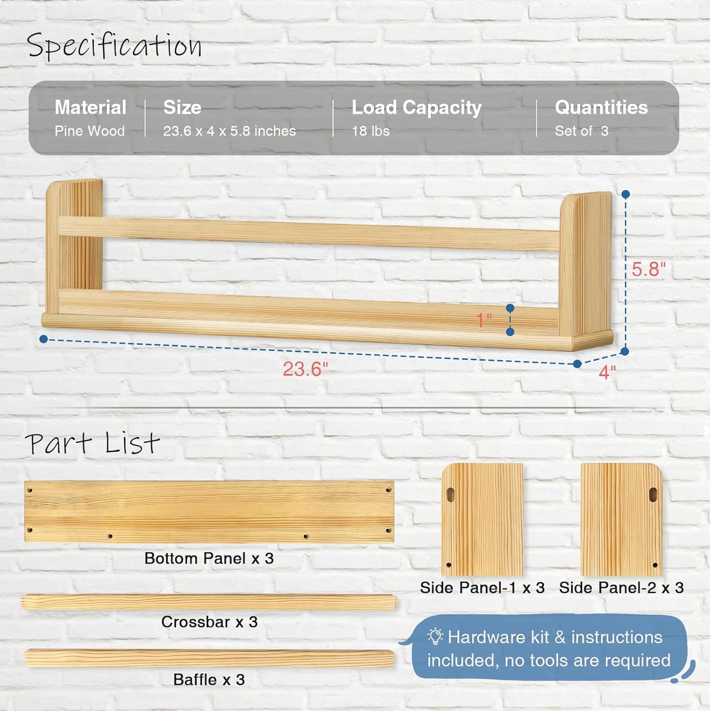 Natural Wood Wall Bookshelf for Kids Bedroom Set of 3, 24 Inch Wooden Floating Nursery Book Shelves for Baby Boys Girls Room, Mounted Toddler Book Shelf for Toy Organizers and Storage