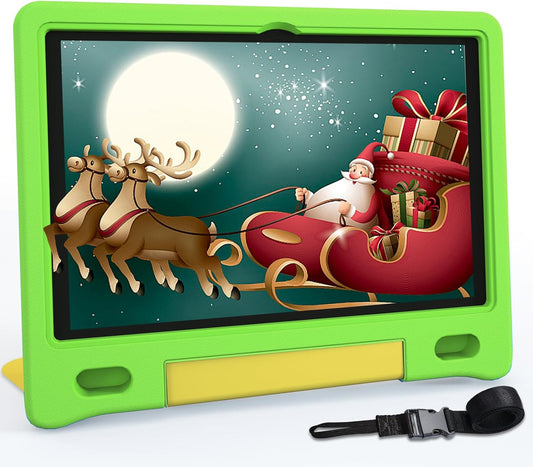 Tablet for Kids 10.1 inch Android 14 6000mHA 8GB RAM+64GB ROM(Expandable to 1TB Kids Tablet Age 3-12 with Case& Lanyard WiFi6 Google Kids Space Parental Control 1280 * 800 HD Screen Green