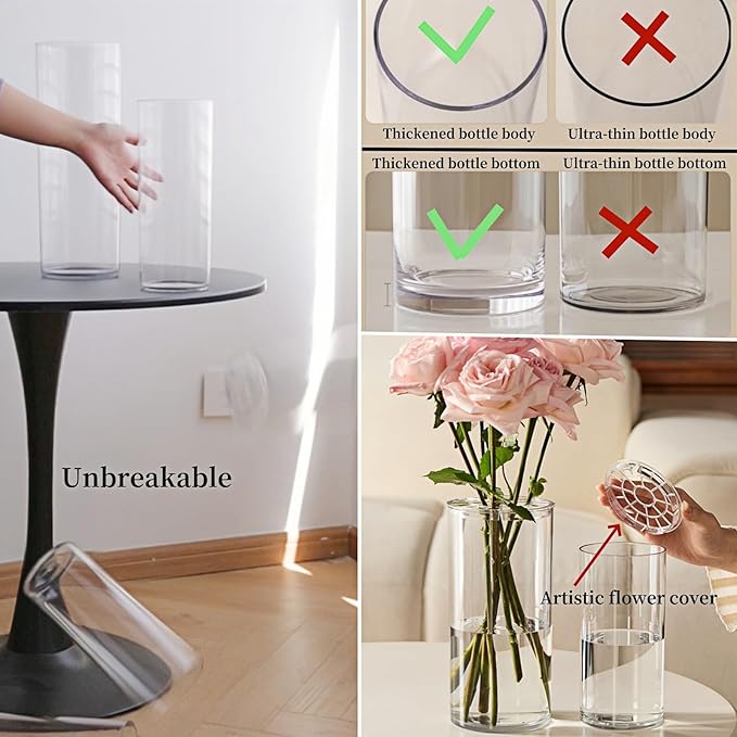 3 Large Acrylic Cylinder Clear Vase for Centerpieces, Hurricane Unbreakable Tall Big Wide Mouth Flower Vases for Birthday Wedding Bouquet Decor (D 6" X H 15.8", D 4.8", D 4" + 3 Holder)