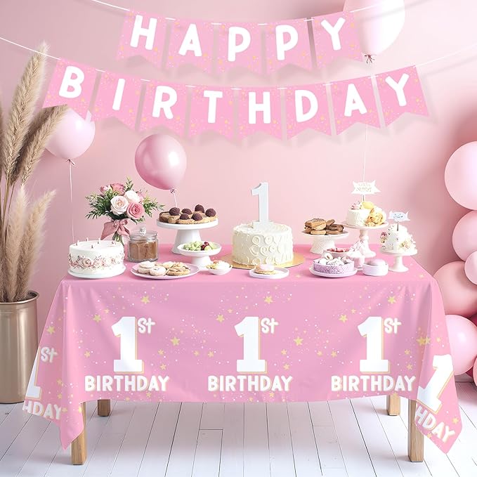 Gatherfun Baby Girl Party Supplies Set: 1st Birthday Decorations, Includes 2-Pack Baby Girl-Themed Tablecloths for First Birthday Decorations, Disposable Table Covers 54 x 108 Inch