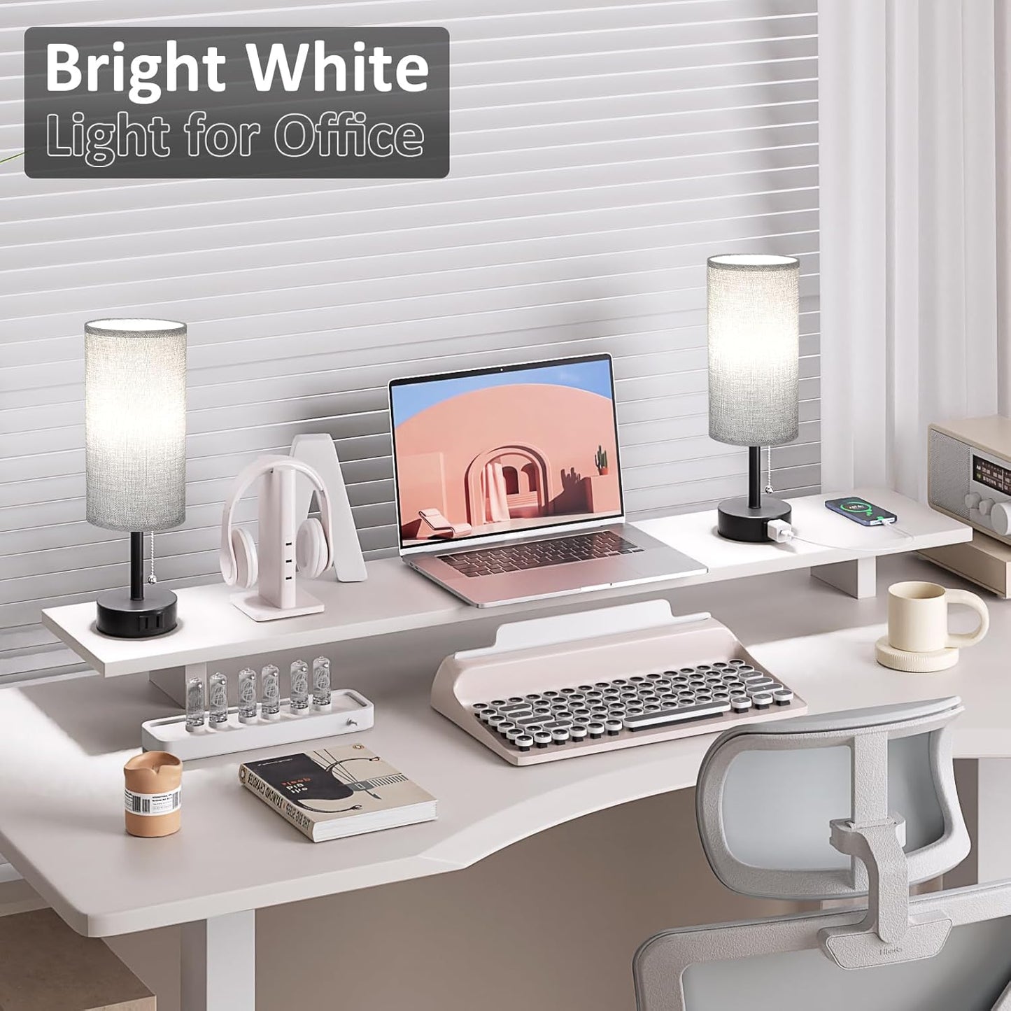 Grey Bedside Table Lamps Set of 2-3 Color Temperatures Pull Chain Lamp with AC Outlet Charging Port, Round Night Stand Lamps for Bedroom Office, Small Bed Side Light with E26 LED Bulbs