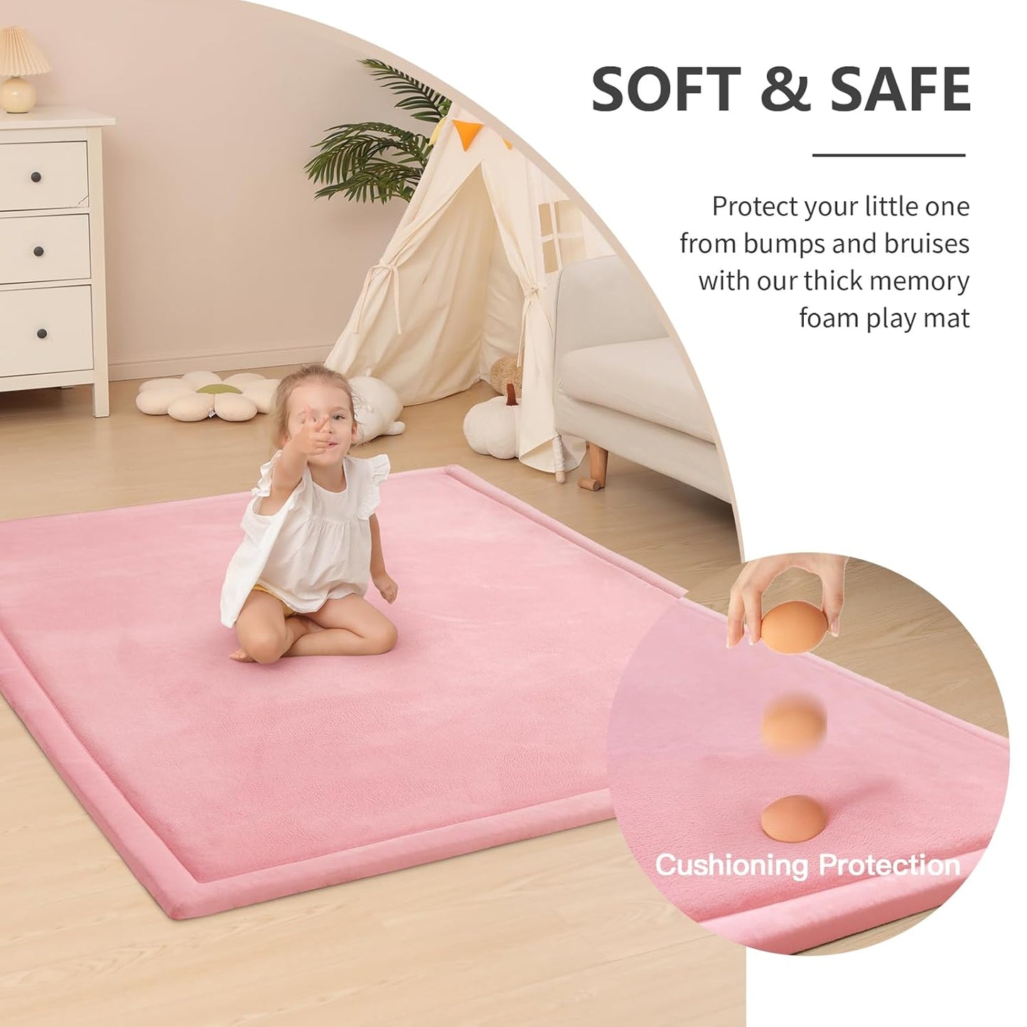 Baby Play Mat for Floor,1.3" Thick Memory foam Tummy Time Mat,79"×158“ Extra Large Soft Coral Velvet Nursery Rug,Non Slip Safe for Crawling,Toddlers,Infants,kids,Tatami Style for Living Room(Pink)