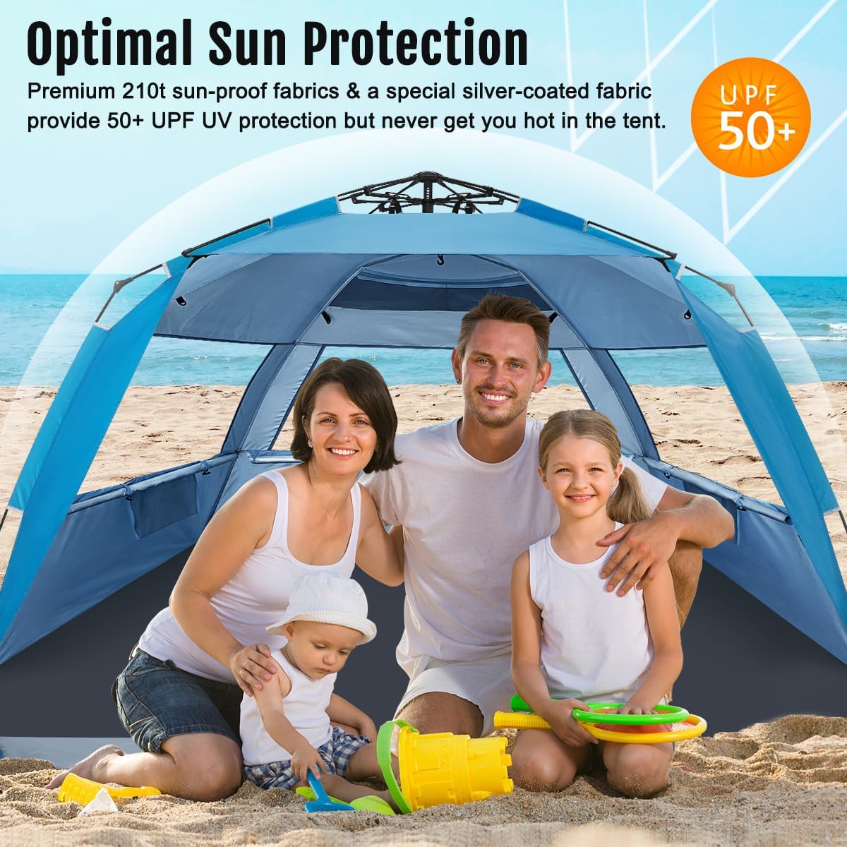 WhiteFang Deluxe Pop Up Beach Tent Sun Shade Shelter for 3-4/5-6 Person, UV Protection, Extendable Floor with 3 Ventilating Windows Plus Carrying Bag, Stakes, and Guy Lines