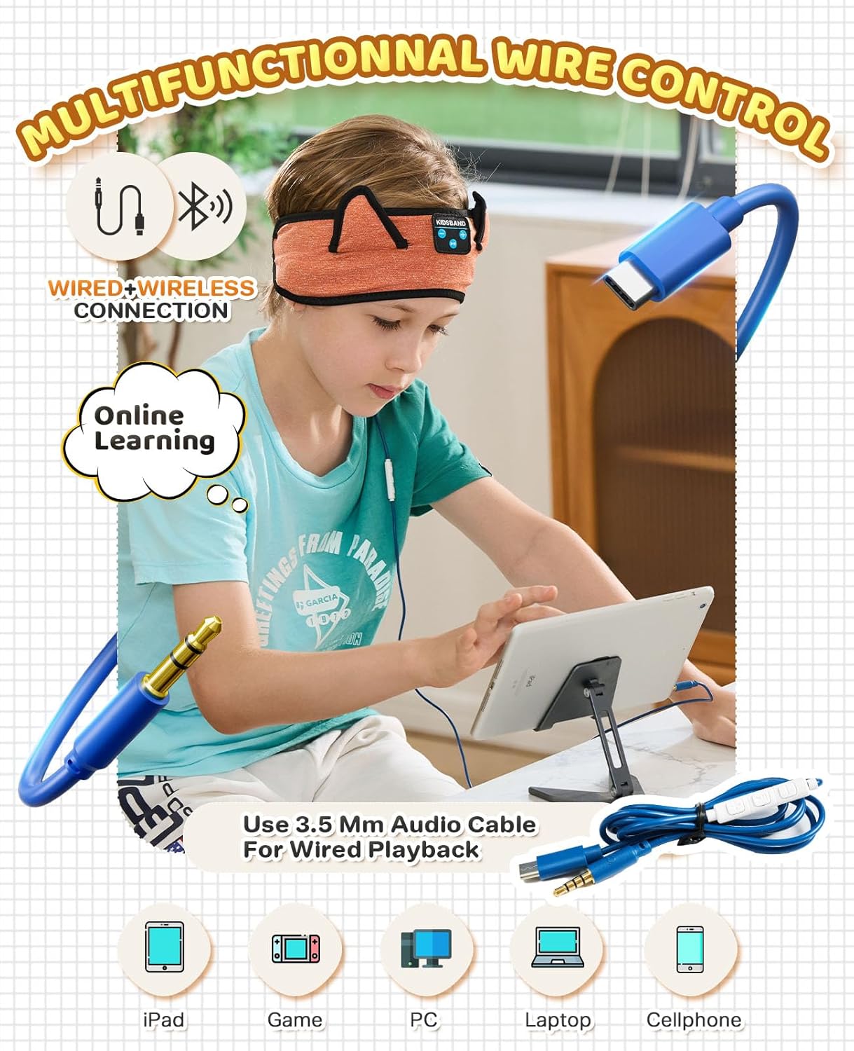 Baby Headphones, Kids Headphones Bluetooth Headband Adjustable, Wireless Headband for Kids with Wired Playback 3.5 MM Jack for Teens/Boys/Girls/Smartphones/School/Airplane Travel/Tablet