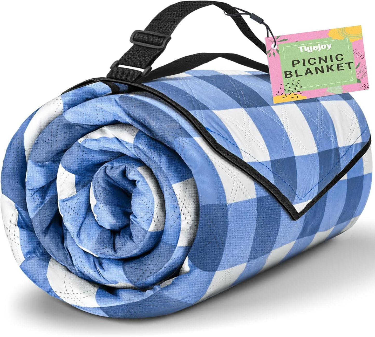 TigeJoy Extra Large Picnic Blanket Waterproof Foldable 80''x118'', Outdoor Picnic Mat Beach Blanket Sandproof for Park, Grass, Travel, Hiking, Camping Essentials, Gingham Picnic Blanket