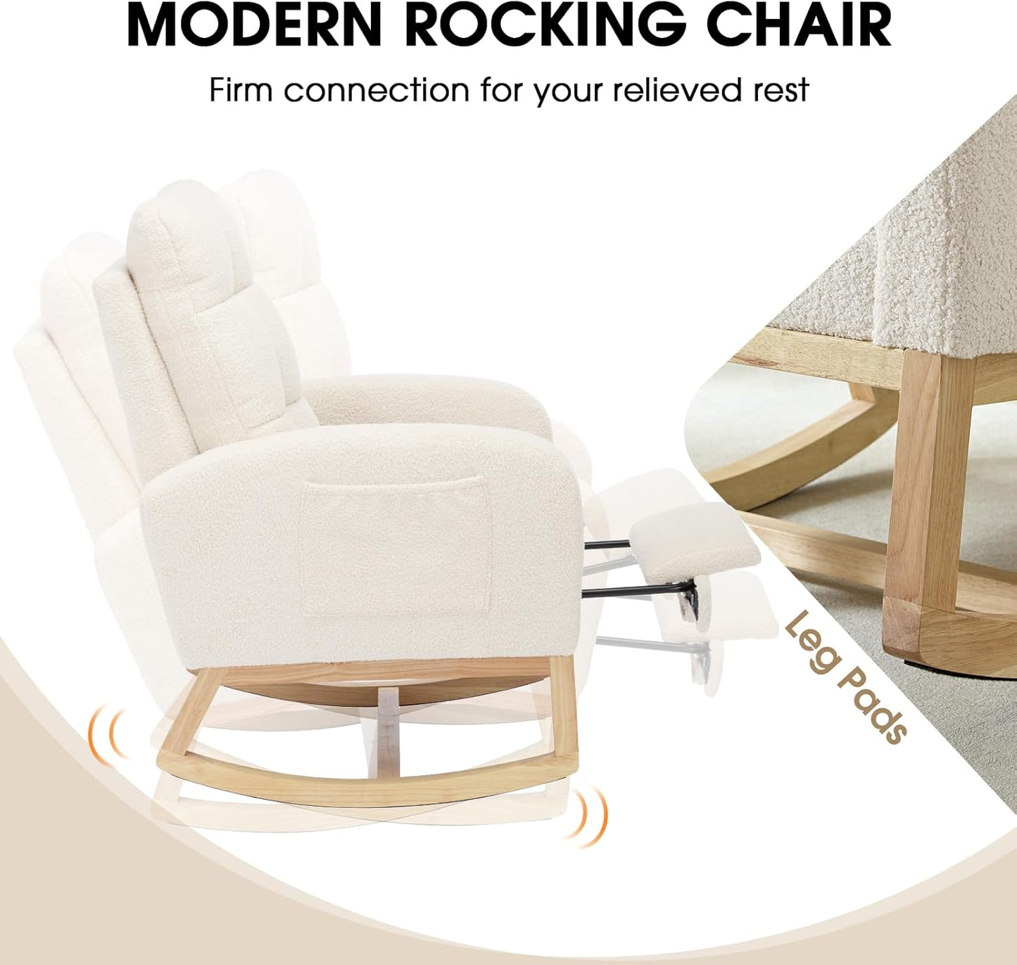 NIOIIKIT Modern Nursery Rocking Chair, Teddy Upholstered Rocking Chair with Footrest, Comfortable Rocker Chair with Side Pocket, Rocker Chair for Living Room, Bedroom, Nursing Room (White)
