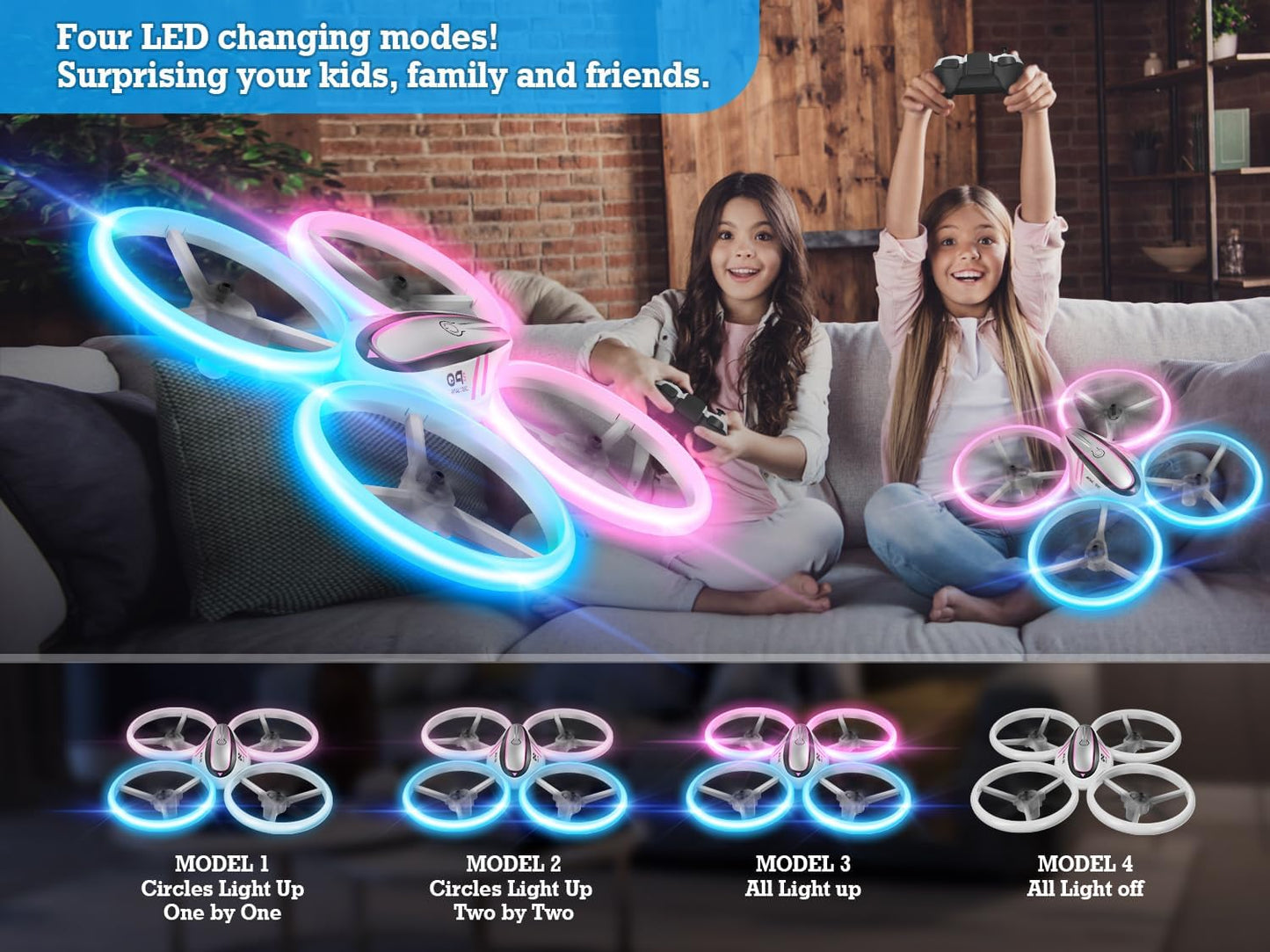 Q9s Drones for Kids,Cool RC Drone with Altitude Hold and Headless Mode,Hobby Quadcopter with Blue&Pink Light,2 Batteries and Remote Control,Birthday and Xmas Gifts Toys for Boys and Girls,Pink