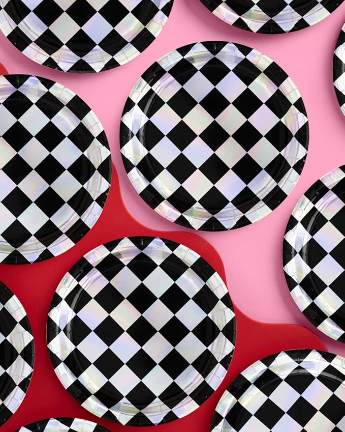 xo, Fetti Black and Iridescent Checker Paper Plates - 25 pack | Happy Birthday Party Decorations, Cute Bachelorette Party, Cool Cake Plates, Checker Disposable Party Plates