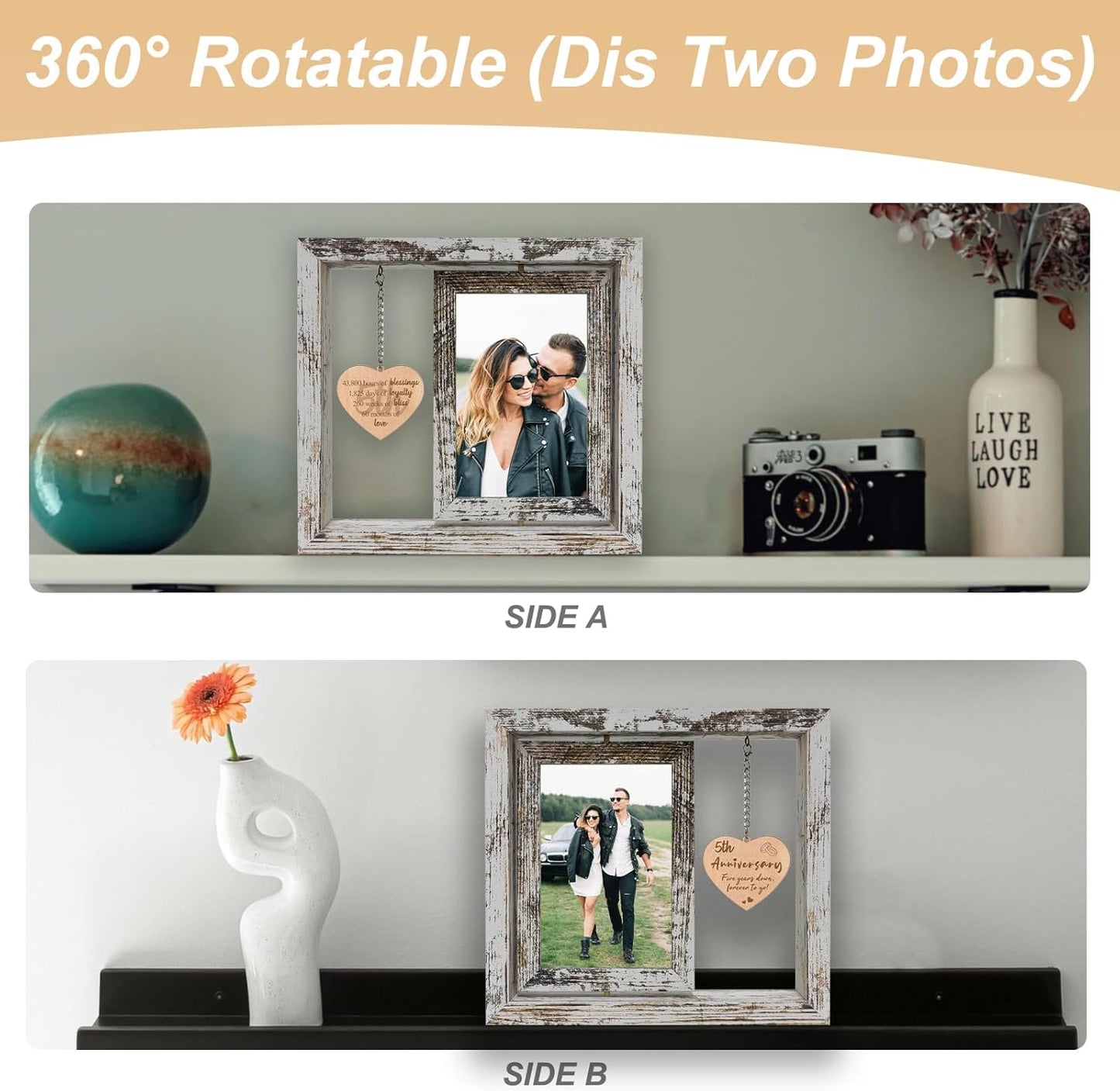 5 Year Anniversary Rotating Picture Frame for Her, Wood 5th Wedding Anniversary Photo Frame gifts for Wife Husband Him Couple, Display 2 6x4