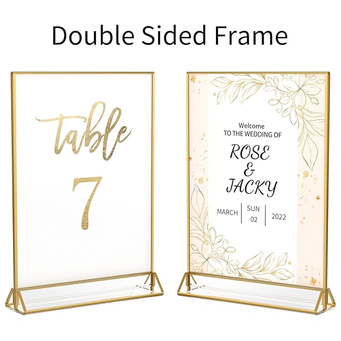 NIUBEE 6Pack 4 x 6 Clear Acrylic Sign Holder with Gold Borders and Vertical Stand, Double Sided Table Menu Holders Picture Frames for Wedding Table Numbers, Restaurant Signs, Photos and Art Display