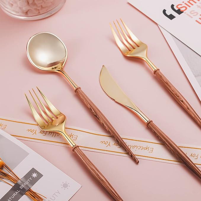 Lullaby 60pcs Gold Plastic Silverware, Gold Disposable Cutlery with Wood Grain Handle Include 20 Forks, 20 Spoons, 20 Knives, Elegant Disposable Silverware for Wedding, Party, Gathering, Daily Use