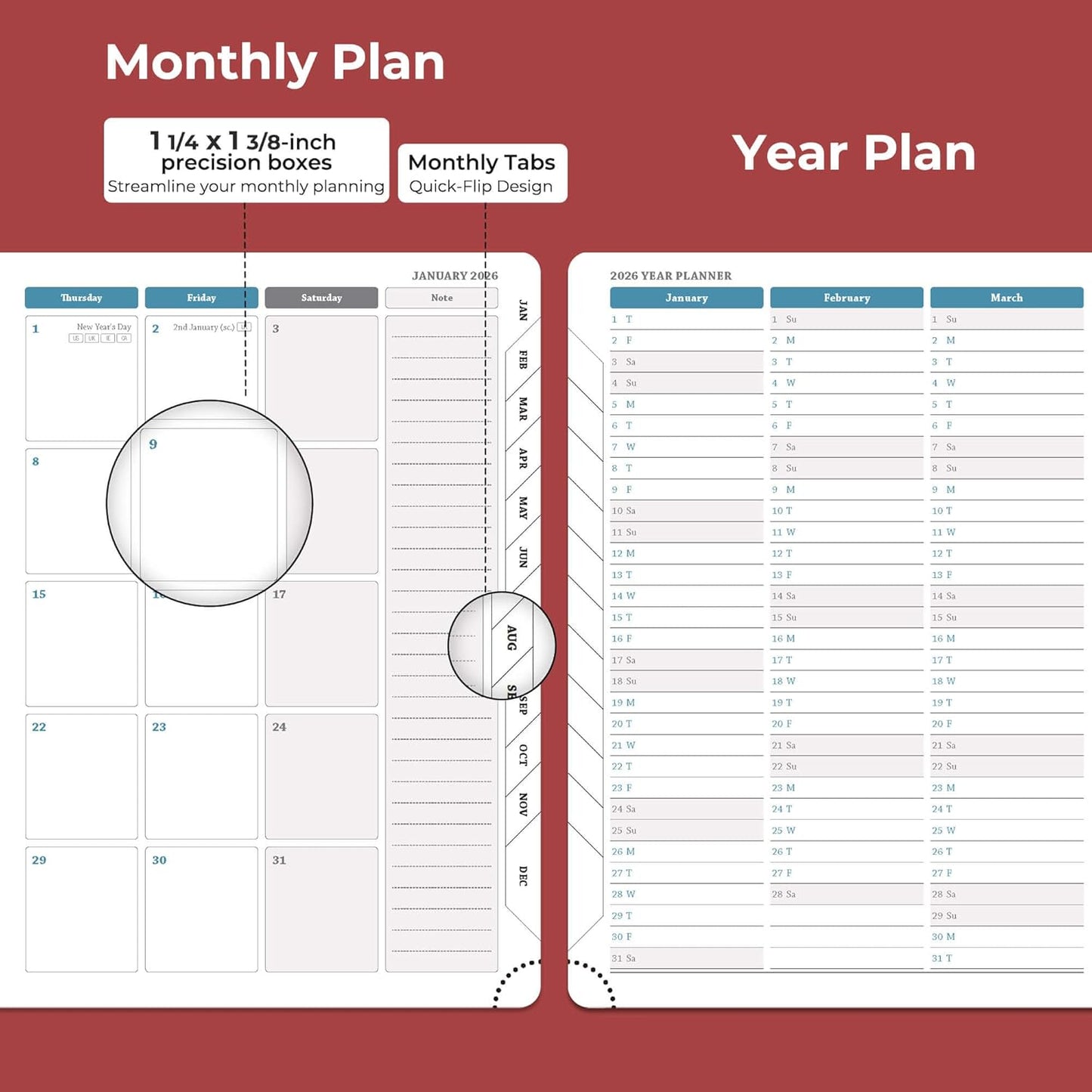 Planner 2026 Daily Weekly and Monthly,11.5"x8.5",12 Months Spiral Bound Calendar Agenda with Self-adhesive Pen Holder,2026 Appointment Book with Vegan Leather Soft Cover,Red
