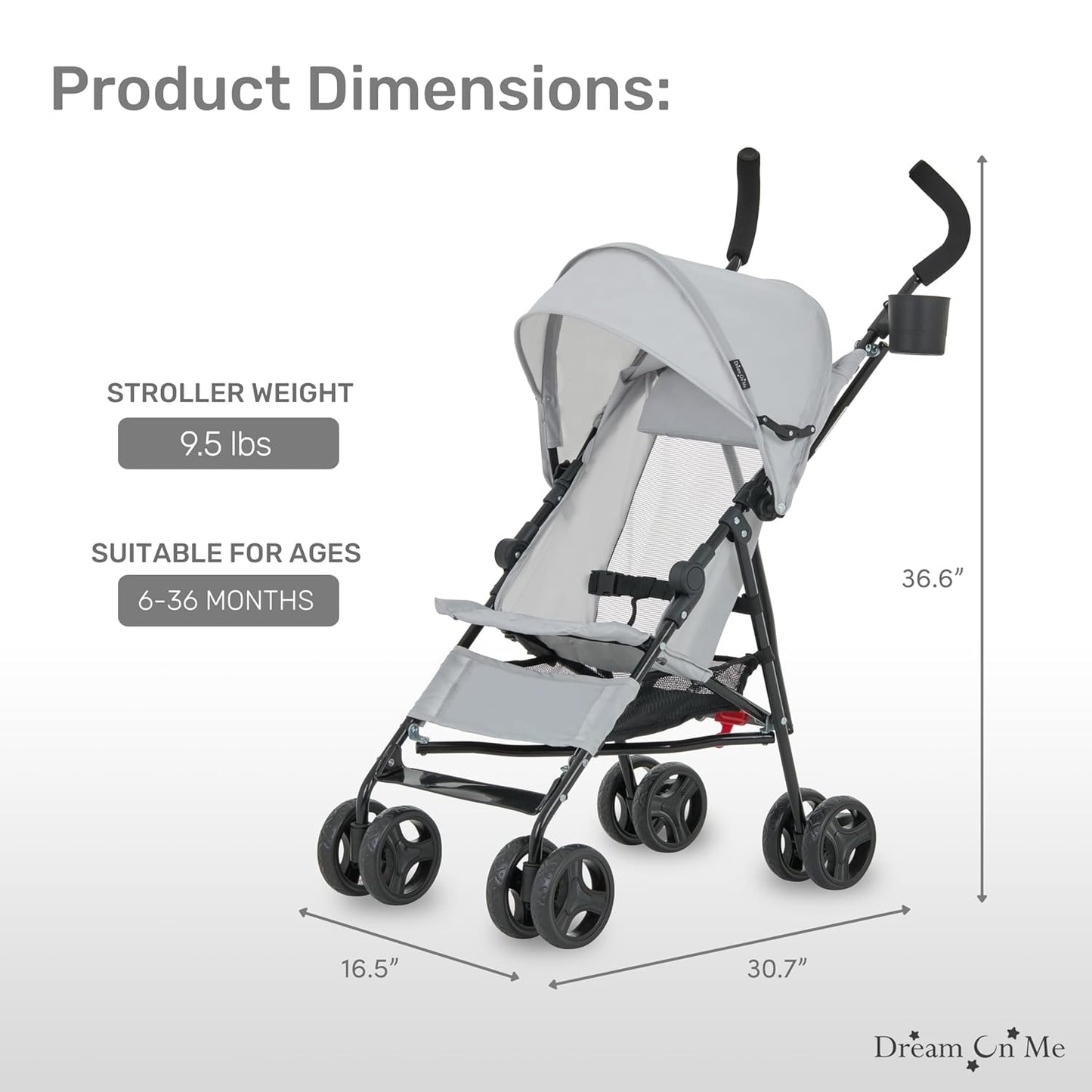 Dream On Me Rover Convenience Baby Stroller in Gray, Lightweight & Compact Umbrella Stroller, Easy one-Hand fold Travel Stroller, Lockable Rear Wheels, Removable & Adjustable Canopy