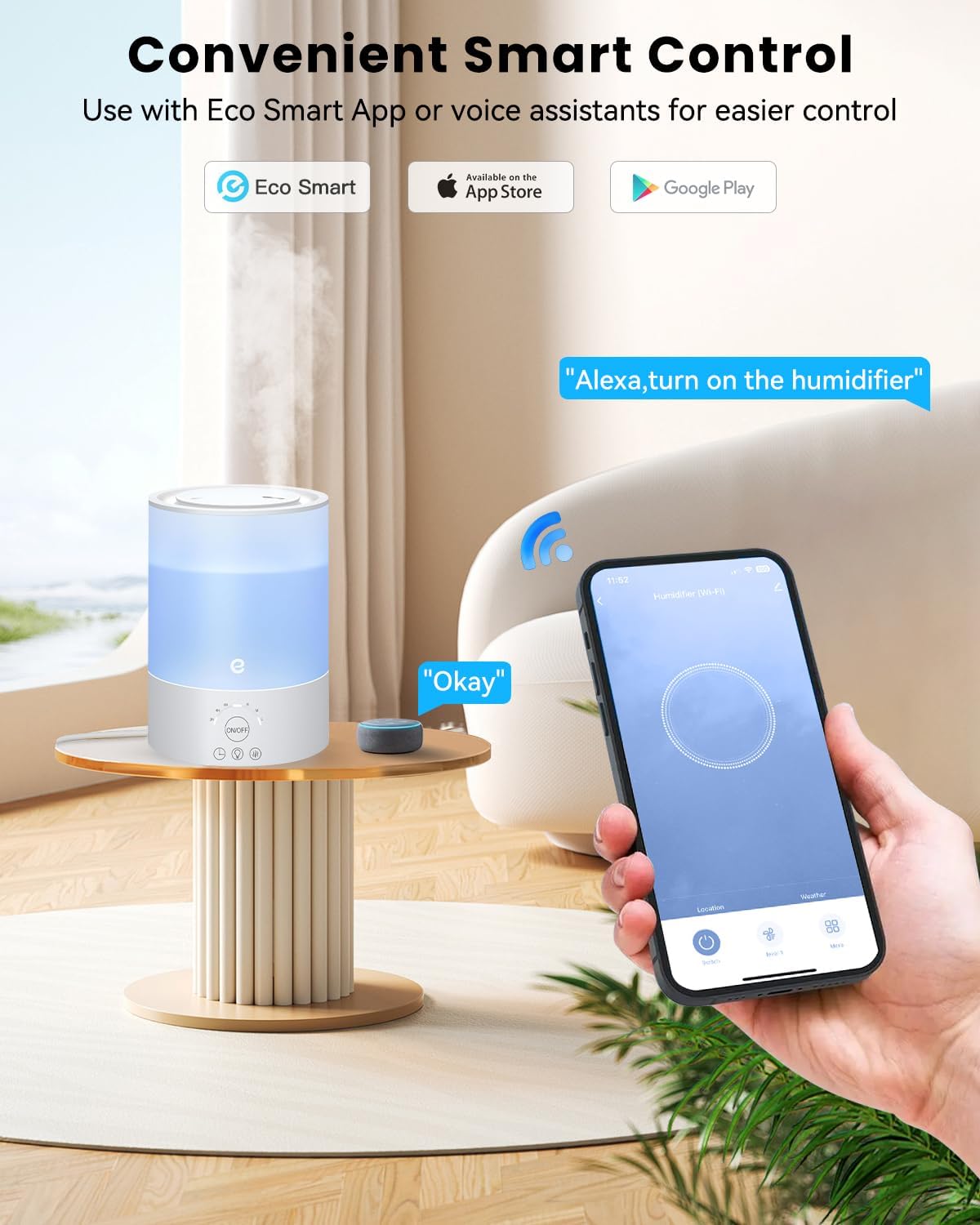 Esemoil Humidifiers for Bedroom, for Large Room, 2.5L Top Fill Cool Mist Humidifiers for Baby, Plants, Smart WiFi Air Humidifier with Diffuser and Nightlight, 28dB, 24H Long Runtime, Work with Alexa
