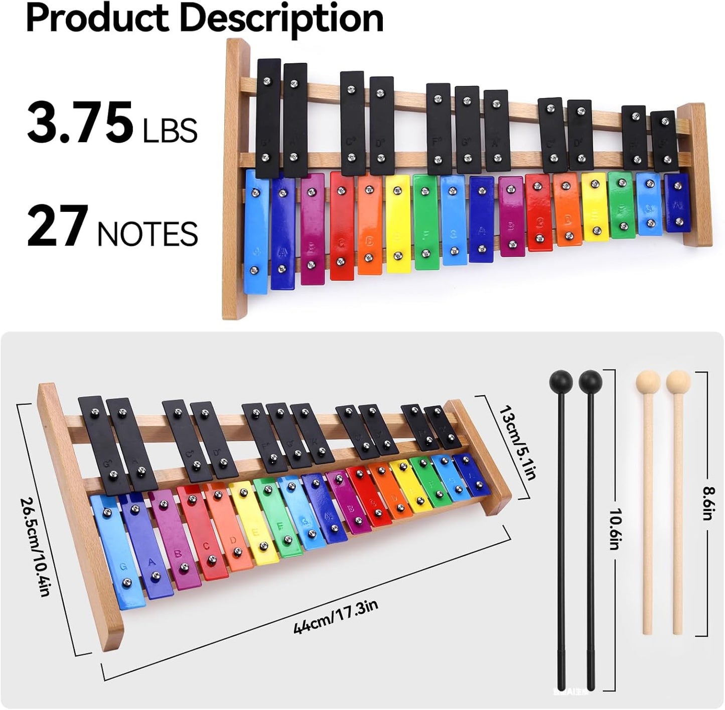 Heuyrao 27 Notes Glockenspiel Xylophone, Professional Wooden Glockenspiel Instrument, Percussion Instrument Kit for Adults and Kids- Includes 4 Mallets and Carrying Bag - Colorful