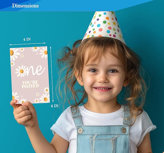 Daisy 1st Birthday Invitations for Girls, Daisy One Birthday Party Invitaions for Party Invites, 4x6 Inches, 30 Sets with Envelopes