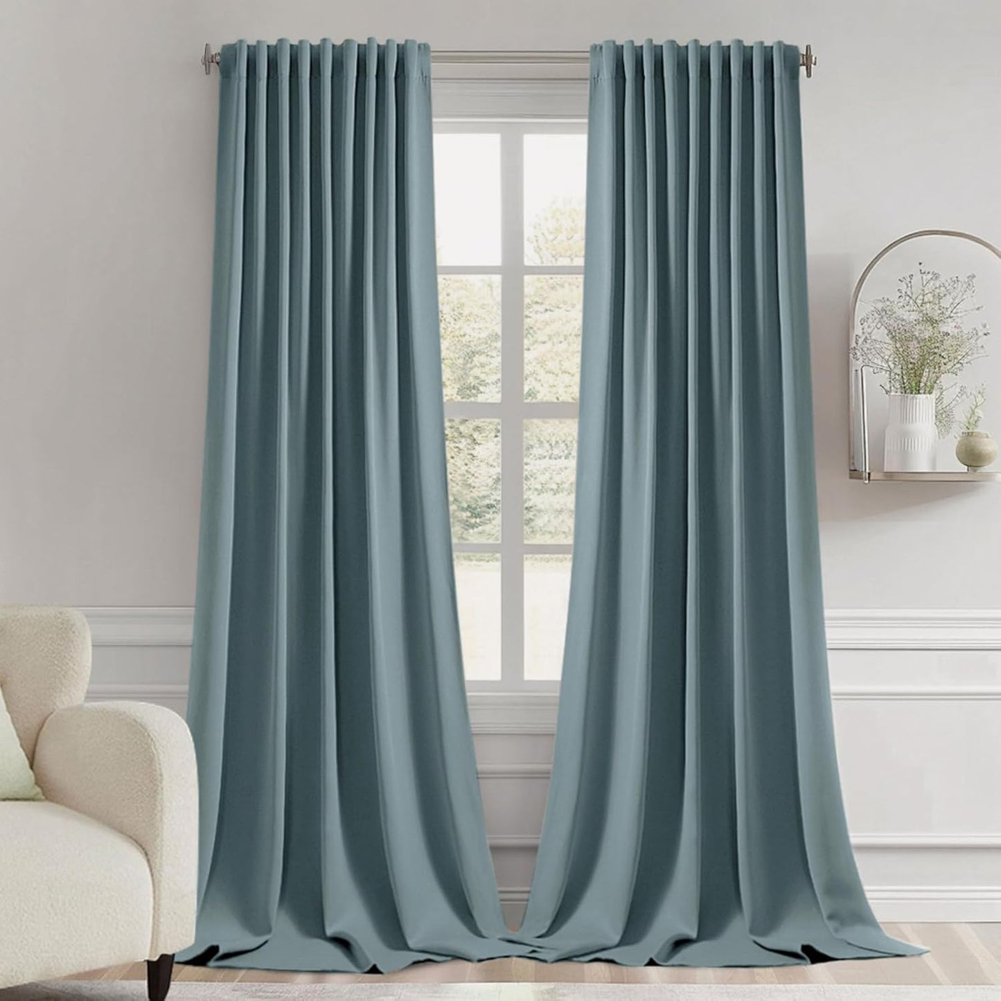 MIULEE Greyish Blue Back Tab Blackout Curtain 96 Inch Long 2 Panels Set for Bedroom, Rod Pocket/Pinch Pleat Thermal Insulated Living Room Darkening Pleated Light Blocking Floor to Ceiling Drape