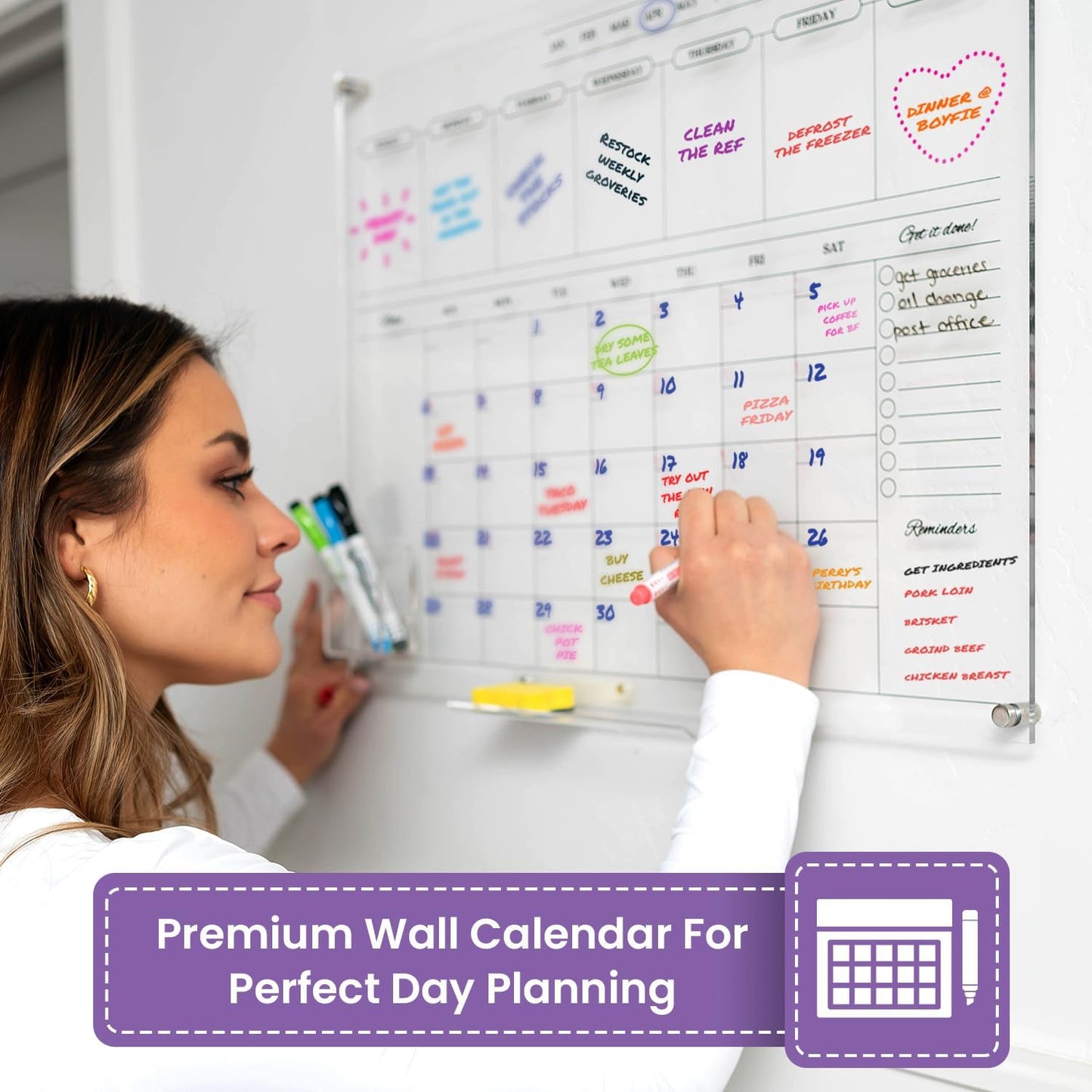 Acrylic Calendar for Wall - 24x18” Wall Calendar, Dry Erase Calender, Clear Calendar for Wall, Includes Magnetic Pen, Tray Holders, 4 Markers and 1 Eraser