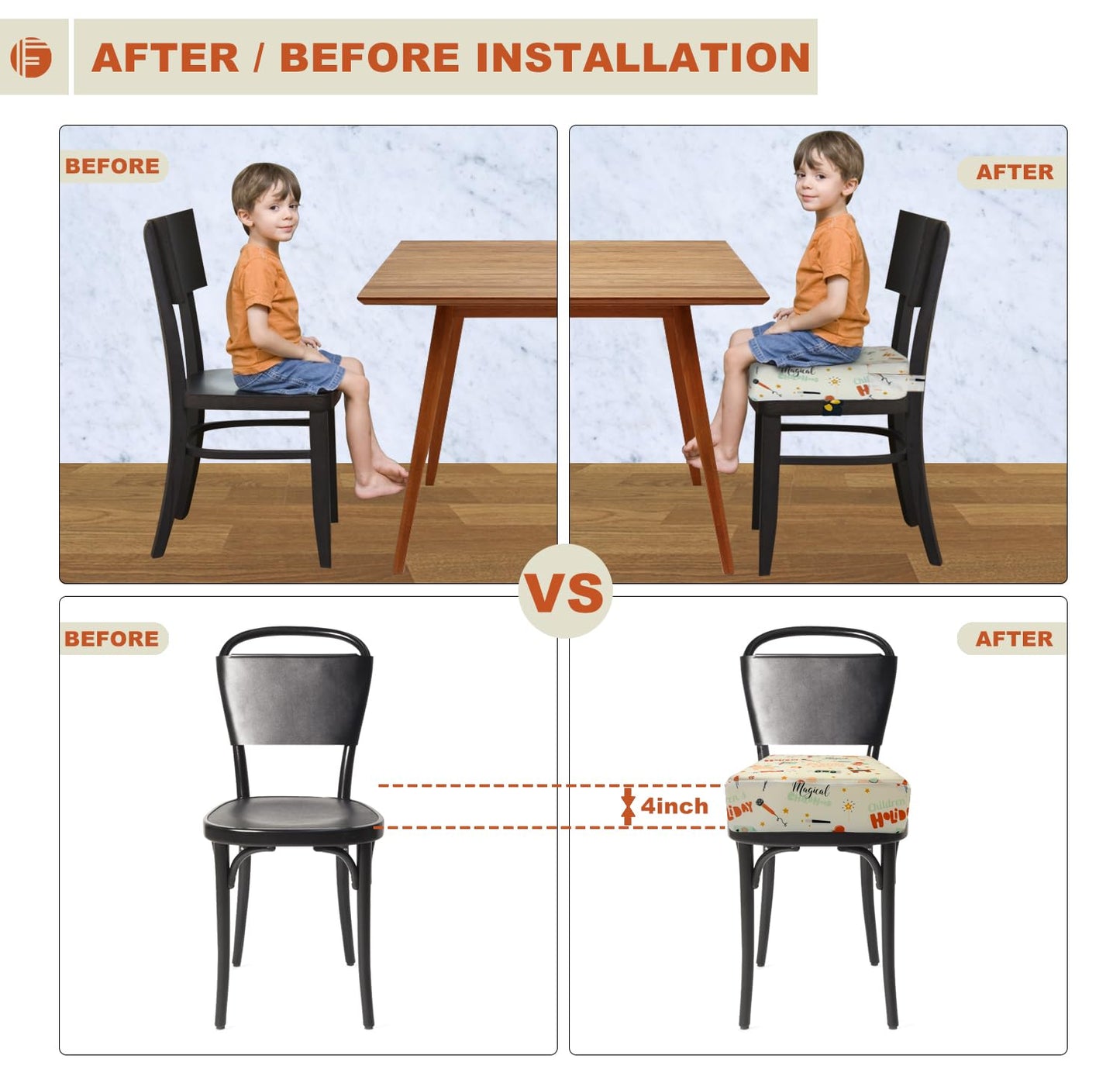 Toddler Booster Seat for Dining Table, Portable Booster Seat for Kitchen Chair, 4 Inch High-Density Foam Cushion with Adjustable Safety Straps and Non-Slip Bottom, Perfect for Kids Travel and Daily