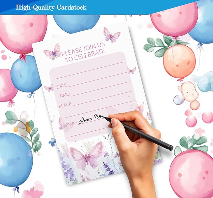 Butterfly First Birthday Invitations for Girls, 1st Floral One Little Butterfly Birthday Party Invitaions for Butterfly Party Invites, 4x6 Inches, 30 Sets with Envelopes