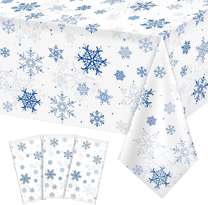 3 Pieces Snowflake Christmas Party Tablecloth Decorations,Plastic White Snowflake White Blue Xmas Backdrop Sign Table Cover Banner for Winter Christmas Holiday Party Supplies,54x108 inch（White/Blue）