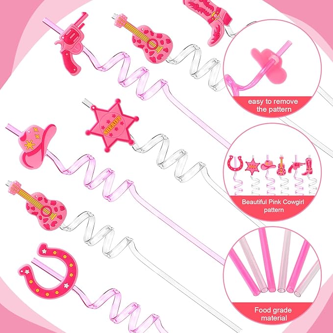 Yungyan 16 Sets Pink Cowgirl Party Favors Goodie Cups with Lids and Straws for Halloween Party Decorations Reusable 16oz Plastic Candy Cups Plastic Straws for Birthday Gift(Pink Cowgirl)