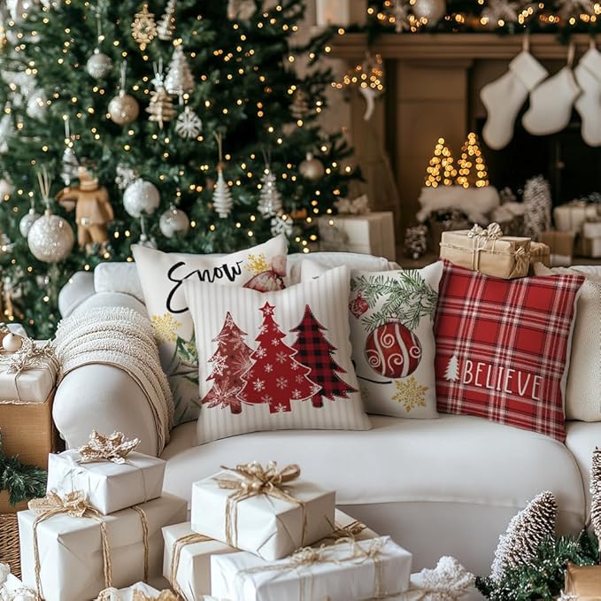 GEEORY Winter Christmas Throw Pillow Covers 20 x 20 Inch Set of 4, Xmas Trees Snowflake Snowman Joy Holiday Farmhouse Decorative Cushion Cases for Home Decoration G583-20
