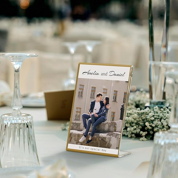 NIUBEE 6 Pack 5 x 7 Acrylic Gold Frame, Slanted Back Table Sign Holder for Wedding Table Numbers, Restaurant Signs, Photos and Art Display Visit the Store