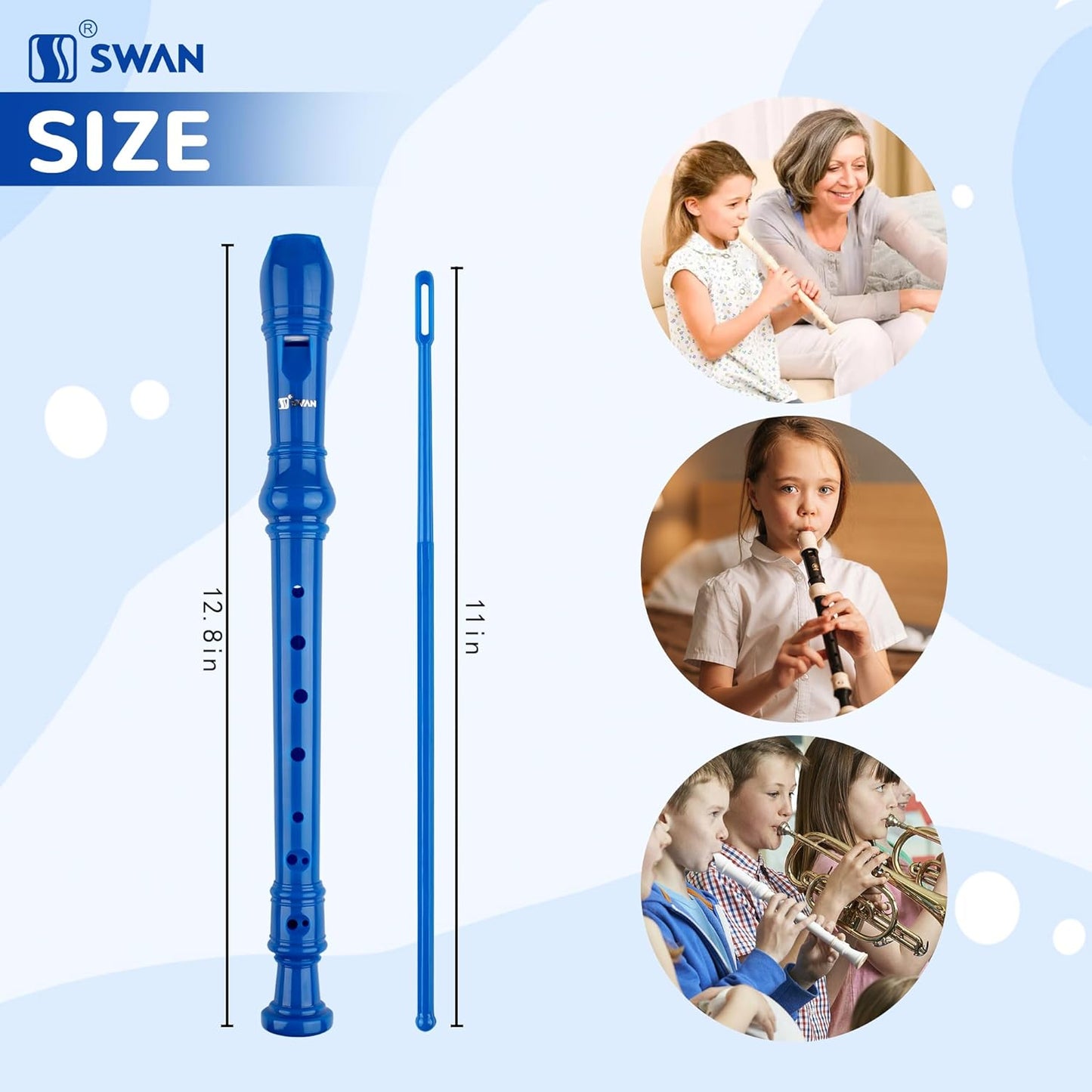 SWAN Soprano Recorder Instrument for Beginners Student - German Fingering 8 Hole Flute Detachable 3pcs Descant Recorder with Cleaning Rod and Fingering Chart for Kids over 6 Years Old, Royalblue