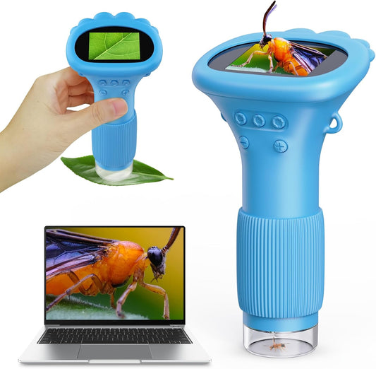 Kids Microscope, Pocket Portable Microscope with 2'' Inch Screen - Powerful Magnification Mini Microscopes Magnifying Glass with Lights, Ideal Christmas Birthday Gifts for Age 3-12 Boys - Blue