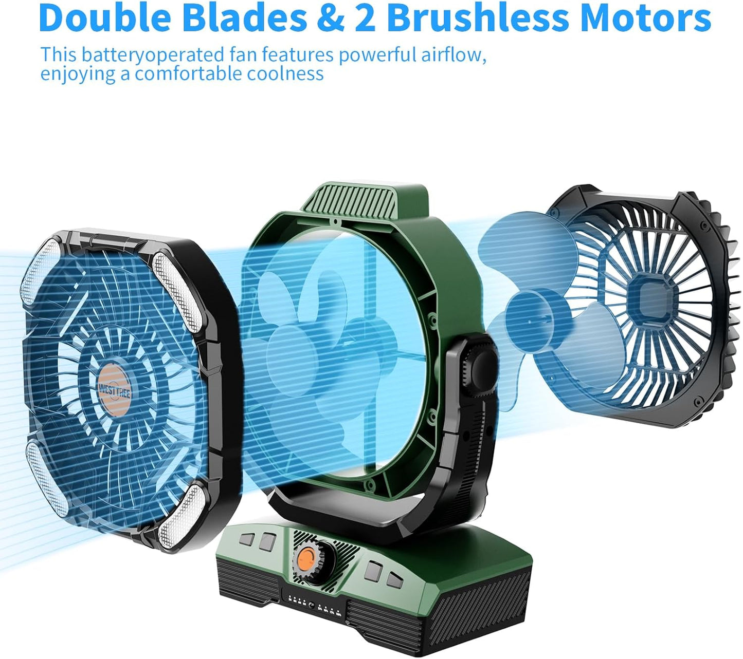 Camping Fan 20000mAh Rechargeable Battery Operated fan Outdoor Tent Fan with Light & Hook, knob Speeds, Personal USB Desk Fan for Camping, Power Outage Jobsite Green X68