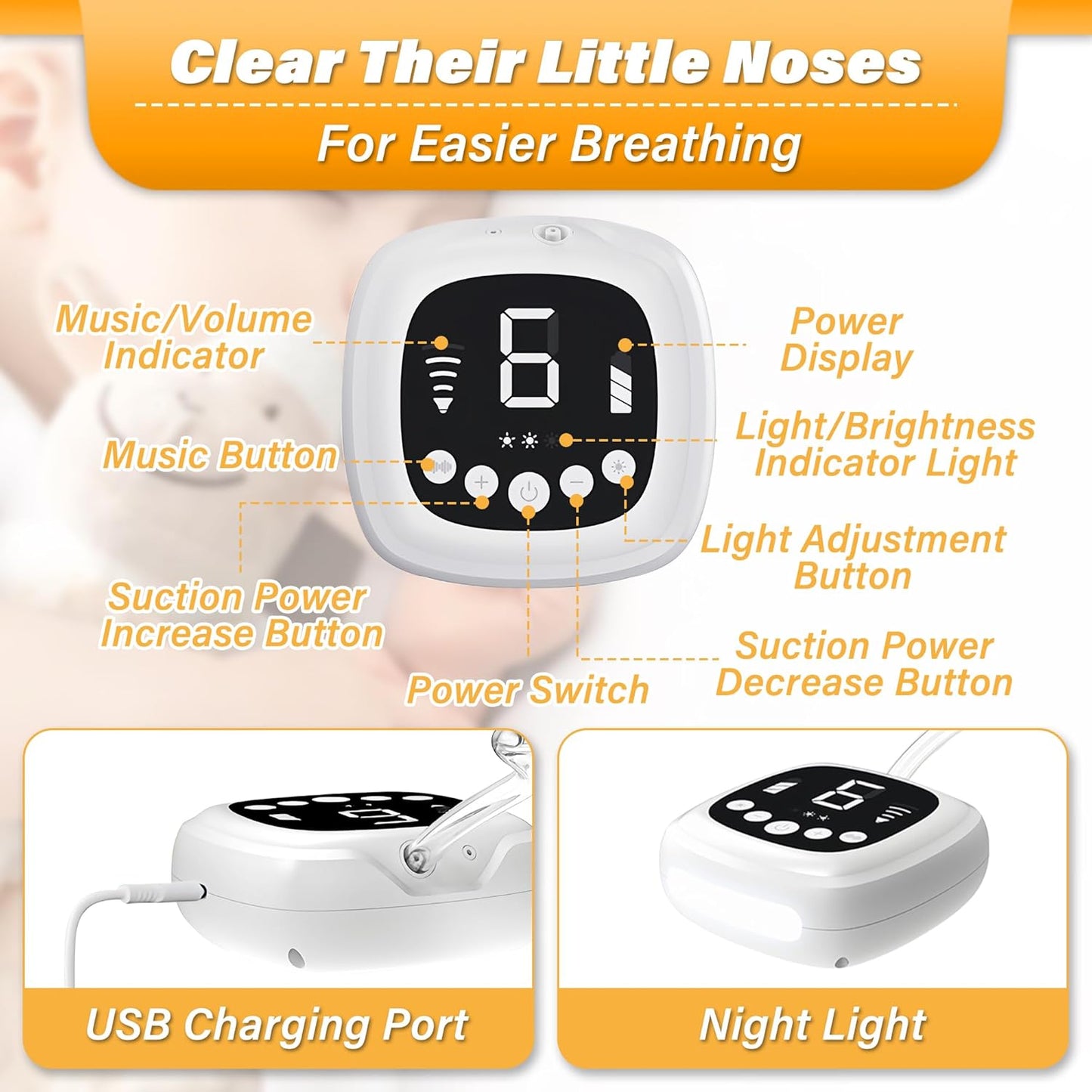 TopQuaFocus Electric Baby Nasal Aspirator, Nose Sucker for Toddler, 9 Levels Suction Power for Children's Nasal Cleans, Soothing Night Light and Nursery Rhyme, 5 Silicone Tips