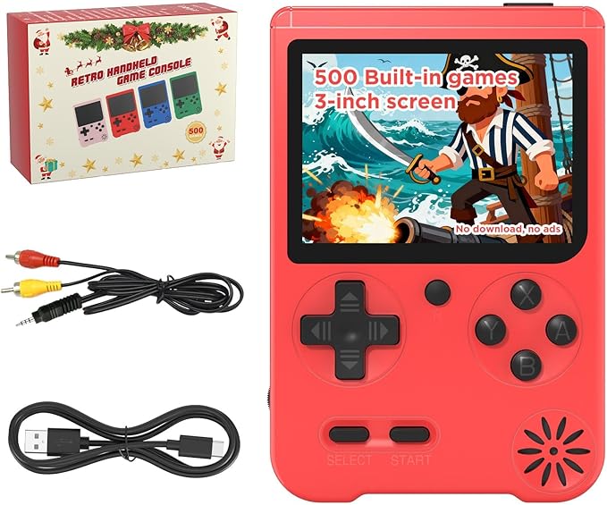 Retro Handheld Game Console, 3-inch Portable Game Console with 500 Built-in Classic Games, 1200mAh Rechargeable Battery,Plug & Play Video Games, Suitable for Adults - Red