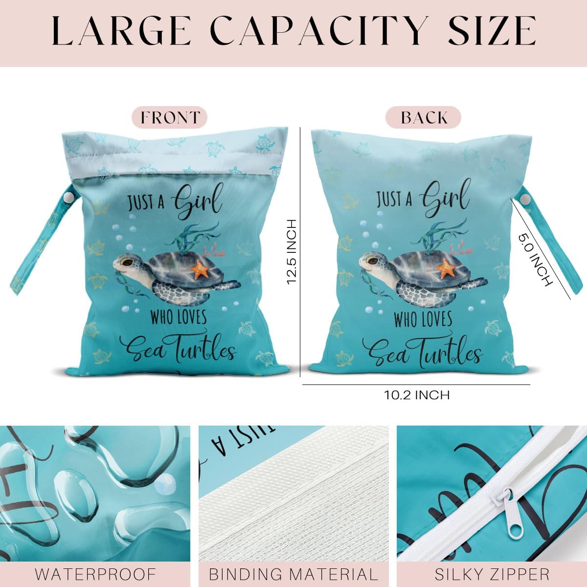 Waterproof Wet Bag for Swimsuit, Travel Beach Wet Dry Bag, Hidden Zipper Reusable Baby turtle Wet Bags, for Travel Beach Wet Swimsuits Toiletries Diapers Dirty Gym Clothes Laundry Bag
