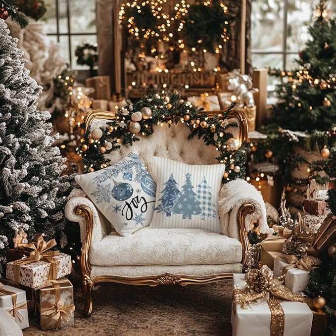 GEEORY Winter Christmas Throw Pillow Covers 18 x 18 Inch Set of 4, Xmas Trees Snowflake Snowman Joy Plaid Holiday Farmhouse Decorative Cushion Cases for Home Decoration G582-18